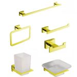طقم إكسسوار الحمام مربع 6 قطع لون ذهبي لامع  Square Gold